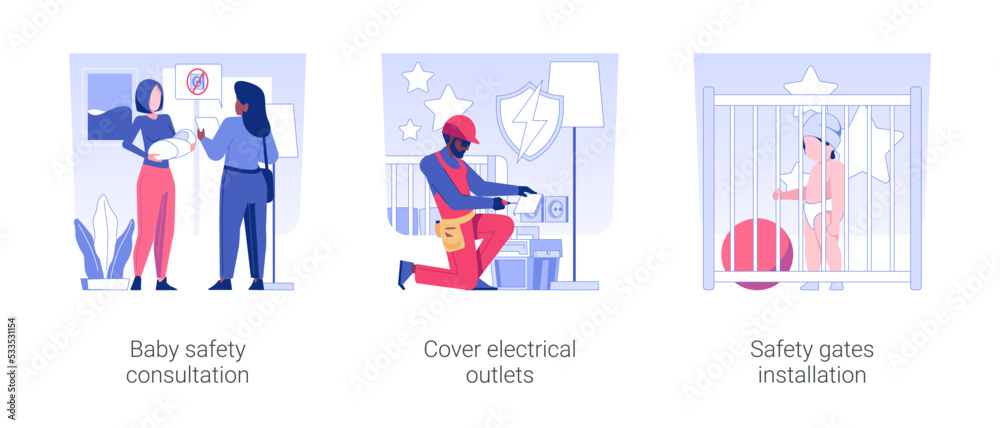 Baby-proofing isolated concept vector illustration set. Baby safety consultation, cover electrical outlets, safety gates for doorways and stairwells installation, custom interior vector cartoon.