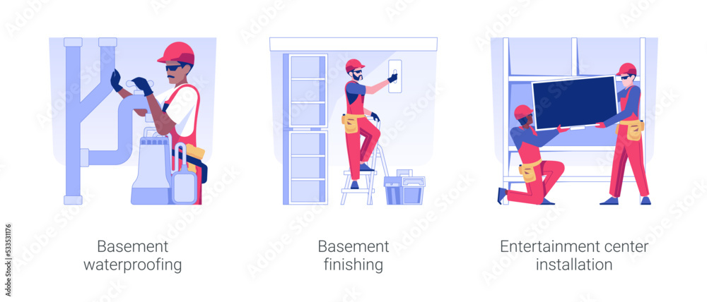 Basement design services isolated concept vector illustration set. Basement waterproofing and finishing, entertainment center installation, repair service contractors vector cartoon. Basement design services isolated concept vector illustration set. Basement waterproofing and finishing, entertainment center installation, repair service contractors vector cartoon.