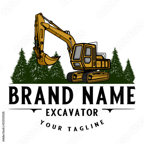 excavator vector logo. pine tree and excavators for construction, land clearing and construction companies.