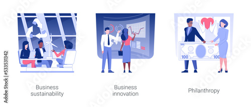 Corporate goals and values isolated concept vector illustration set. Business sustainability, project innovation, philanthropy initiative, business etiquette and responsibility vector cartoon.