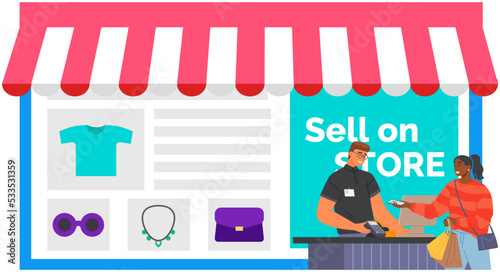 Woman paying with smartphone and male cashier holding wireless payment terminal at shop checkout counter. Buyer making contactless payment in jewelry shop. NFC technology to pay without cash in store