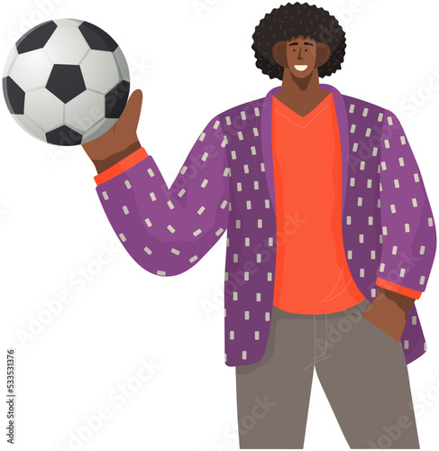 Smiling african american male character standing holding soccer ball in hand, football club fan. Dark skinned man with sport equipment soccer ball, professional trainer, sporty guy isolated on white