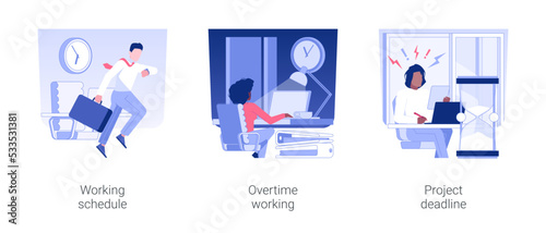 Business hours isolated concept vector illustration set. Working schedule, overtime work at night, project deadline, stressed employee, countdown timer, corporate culture vector cartoon.