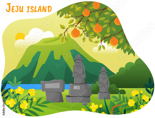 Welcome to Jeju island in South Korea. Popular tourist place, resort. Tropical island with nature and architecture. Tourism, vacation, recreation in Korea. Landscape of island vector illustration
