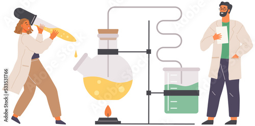 Scientist makes laboratory analysis with reagents and equipment. Idea of education, chemistry, science concept. Biologists conducting experiment chemical research with liquid in flask and pipette