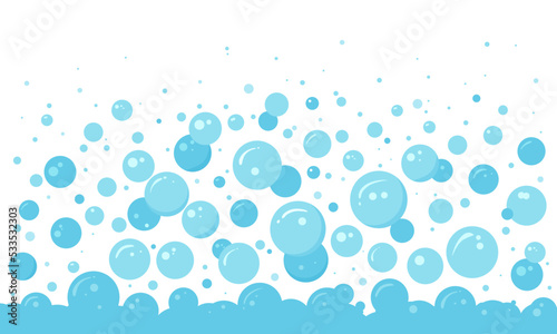 Soap bubble, foam vector background, water suds pattern, laundry, soda effect, blue air border. Abstract illustration