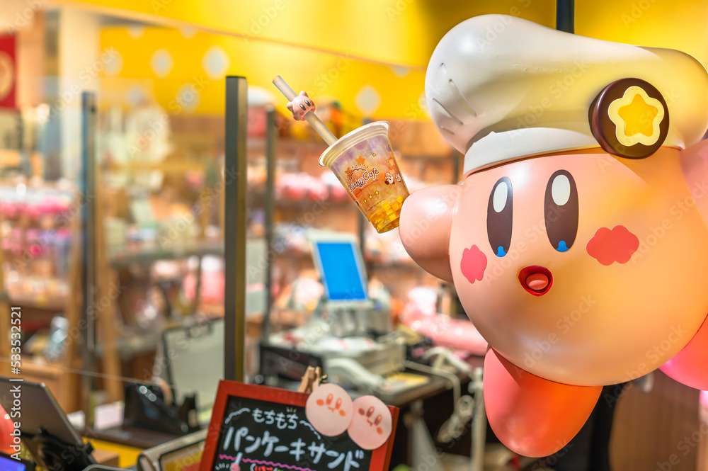 tokyo, japan - sept 21 2022: Kirby figurine, the Nintendo games pink ball  character wearing a toque