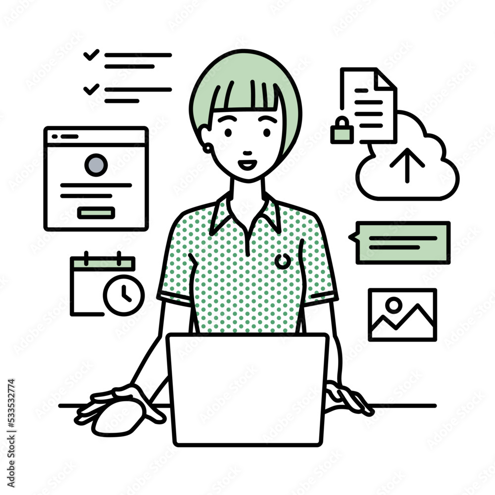 デスクで座ってPCでプロジェクトやタスクの管理の仕事をしているポロシャツの女性