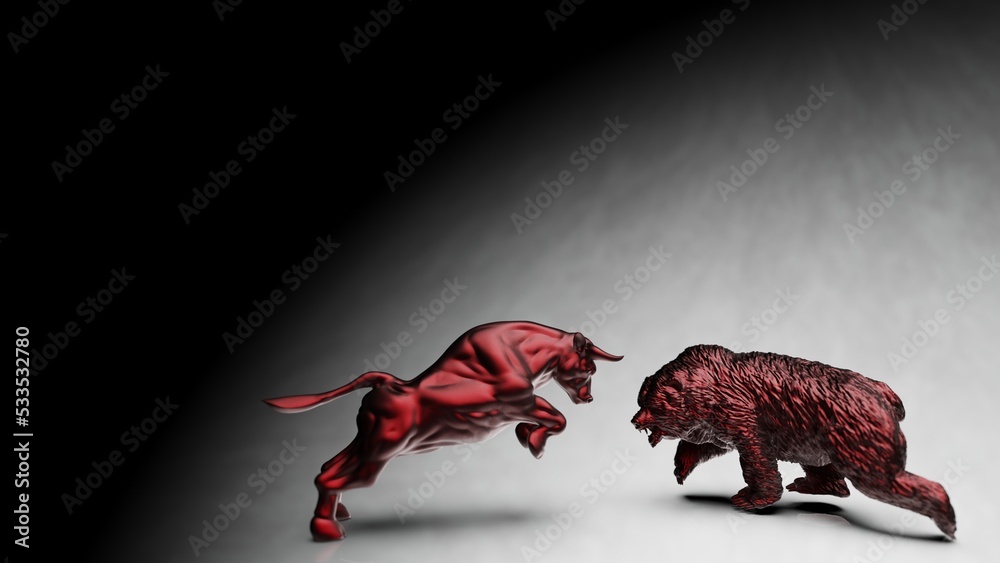 Obraz premium Red metallic bull and bear sculpture staring at each other in dramatic contrasting light representing financial market trends under white-black background. Concept 3D CG of stock market trends.