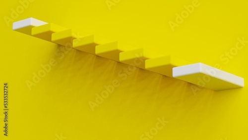 Yellow stairs leading to white top and bottom step under yellow background. Concept 3D CG of success process, cramming for exams and road to wealth.