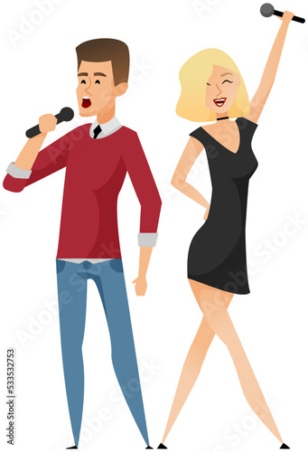 Couple of singers with microphones. Cartoon young male, pretty female vocalists singing in duet isolated characters. Handsome guy, stylish girl enjoying karaoke performance, having fun on stage