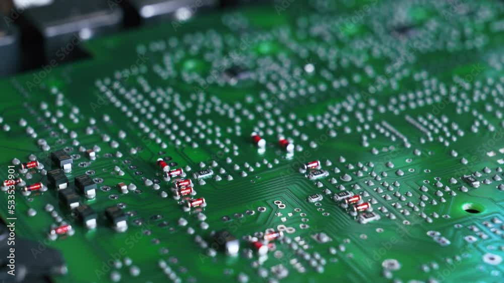 Close up of SFD surface-mount device assembling electrical components on PCB printed circuit board. Modern technology. Horizontal shot . High quality 4k footage Close up of SFD surface-mount device assembling electrical components on PCB printed circuit board. Modern technology. Horizontal shot . High quality 4k footage