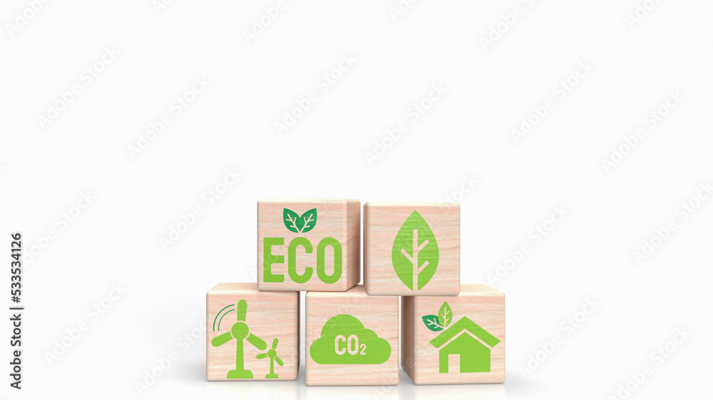 The eco icon on wood cube for ecology concept 3d rendering The eco icon on wood cube for ecology concept 3d rendering