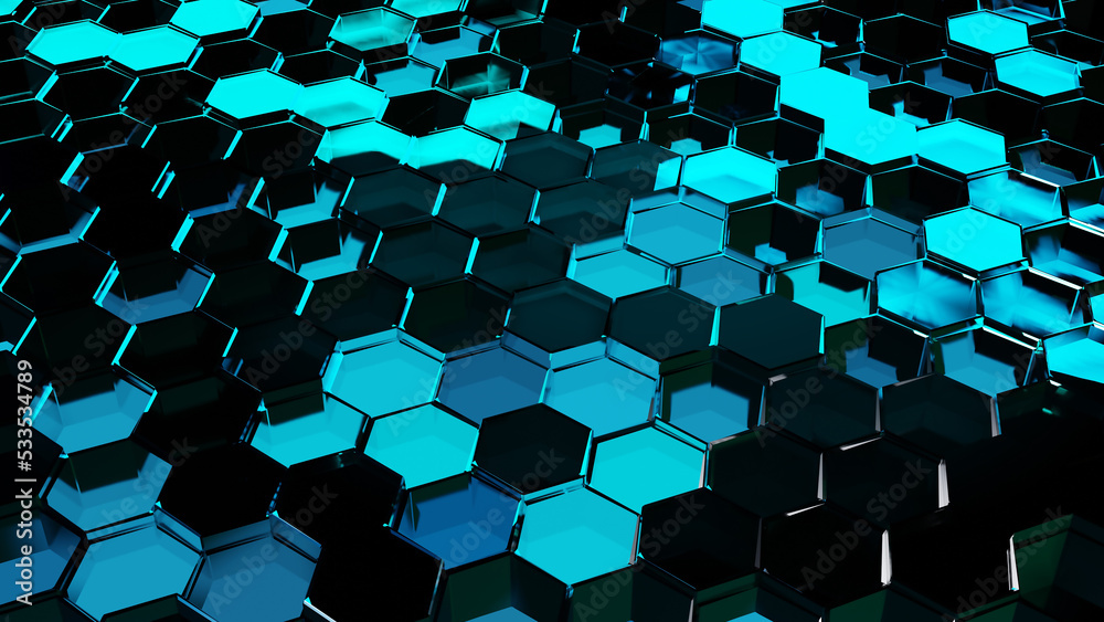 hexagon pattern, Futuristic surface concept with hexagons. Abstract Honeycomb, hexagonal grid, ultramarine sky blue, Technologic electricity backdrop, 3d render