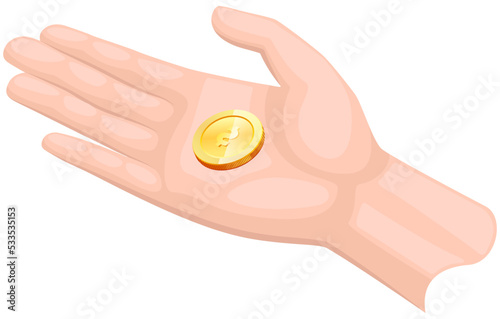 Human hand with coin isolated. Realistic 3d coin. Money donation, charity, investment. Profit, income, salary increase. Hand holding gold dollar penny. Person pay with gold cent between fingers