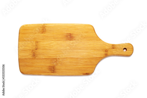 wooden cutting board on white background. Texture, reading space.