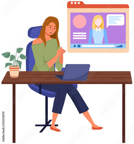 Video call, podcast concept. Woman sitting at table with laptop talking to somebody on screen sitting at home or in office. Negotiation session during which participants hear and see each other