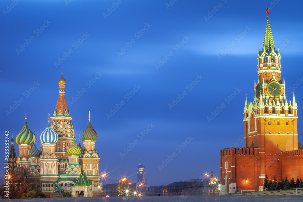 Kremlin and St. Basil's Cathedral at dramatic dawn, red square, Moscow, Russia Kremlin and St. Basil's Cathedral at dramatic dawn, red square, Moscow, Russia