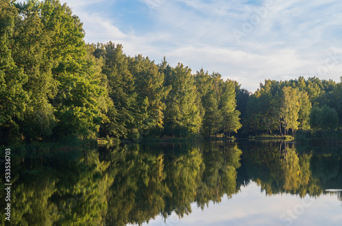 Forest landscape with a lake. Calm water in the lake. Autumn landscape.