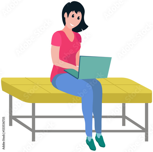 Young woman working from home office. Employee using laptop computer for project creation. Brainstorming lady at workspace sitting on bench. Female isolated character during work with technology