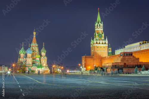 Kremlin and St. Basil's Cathedral at dramatic dawn, red square, Moscow, Russia