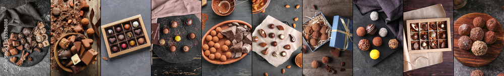 Fototapeta premium Set of sweet chocolate candies on dark background, top view