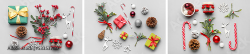 Collage of mistletoe with gifts and decorations on grey background