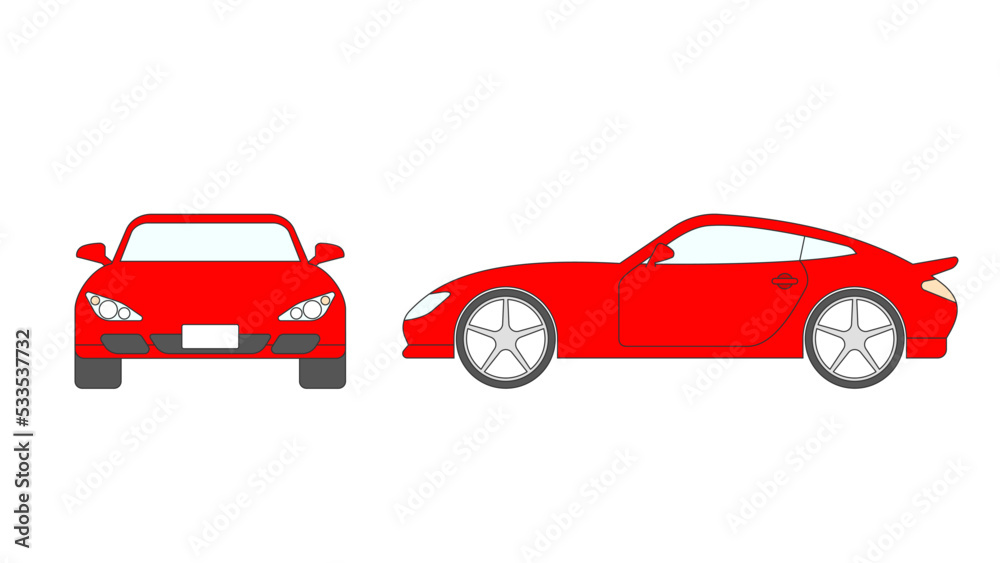 Red sports car illustration. Front view and side view.