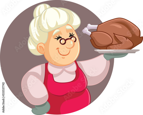 Senior Woman Holding a Festive Roasted Turkey Vector Cartoon Illustration. Cheerful grandmother serving a traditional holiday meal on a platter
