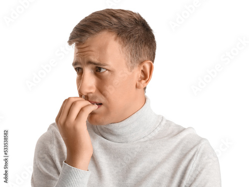 Young depressed man on white background