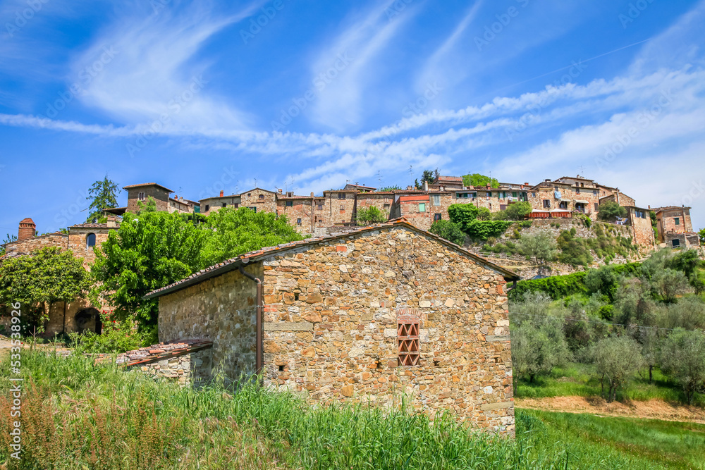 Landscape in Tuscany with the small town of Pienza in the background Landscape in Tuscany with the small town of Pienza in the background