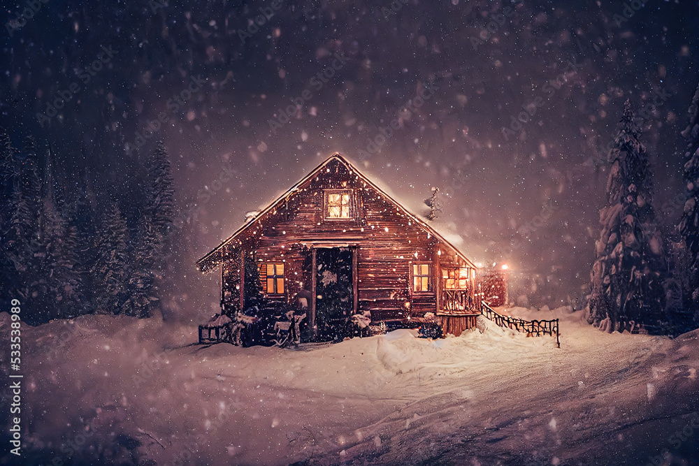 old scandinavian style wooden cabin in the snow forest, Christmas theme. old scandinavian style wooden cabin in the snow forest, Christmas theme.