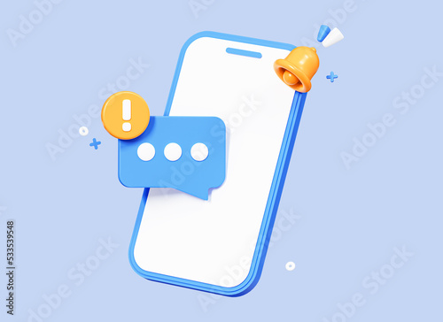 3D Mobile phone with speech bubble message and alert notification. Info notice. Not delivered message. Exclamation mark. Cartoon creative design concept icon isolated on blue background. 3D Rendering