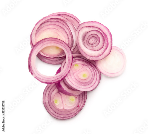 Red onion rings on white background