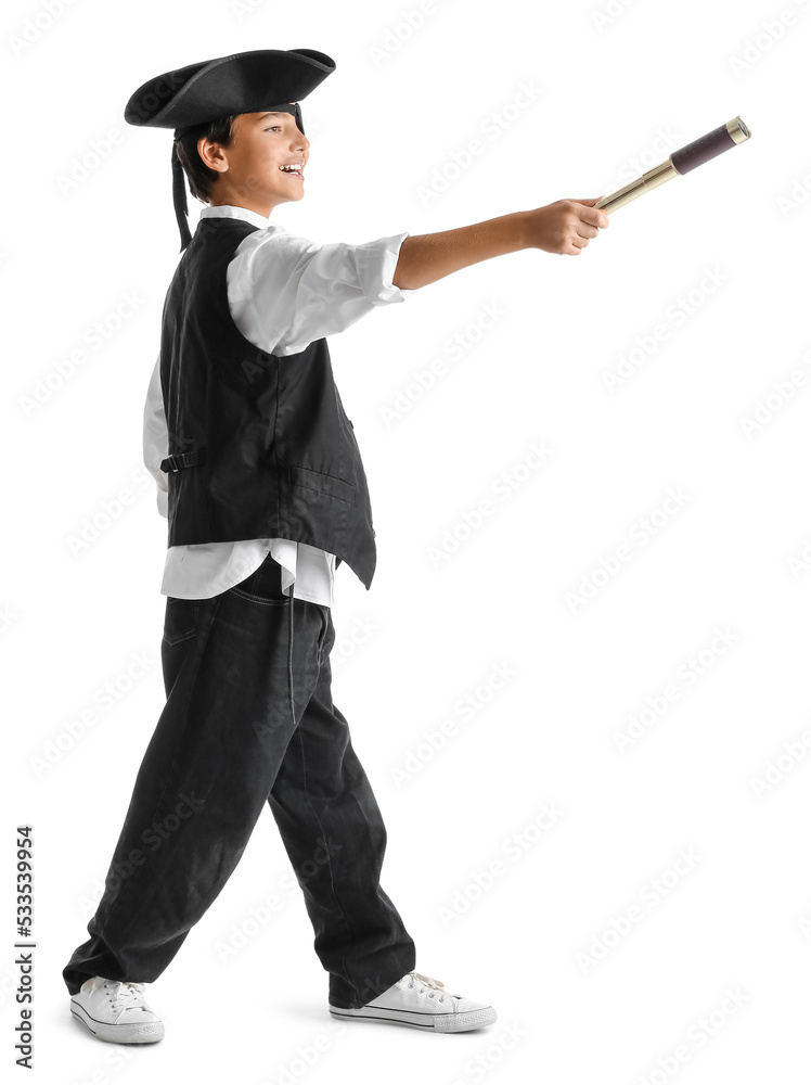 Little boy dressed as pirate with spyglass on white background Little boy dressed as pirate with spyglass on white background