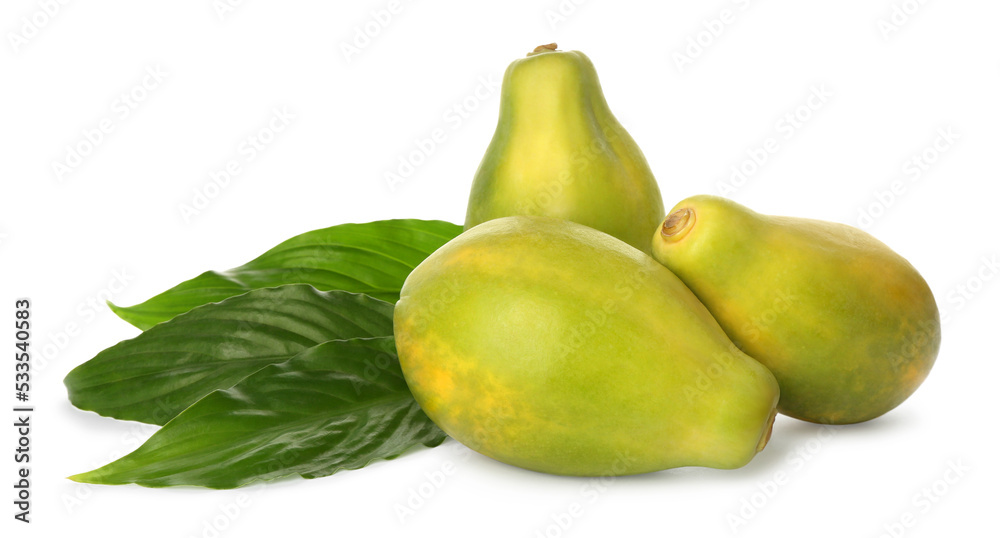 Fresh ripe papaya fruits with green leaves on white background Fresh ripe papaya fruits with green leaves on white background