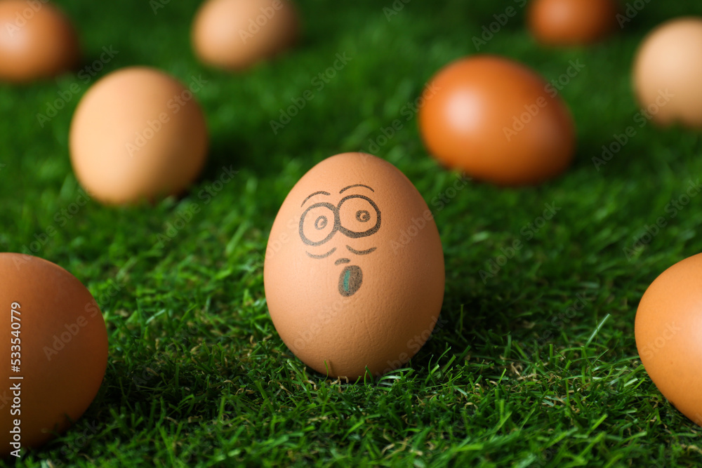 Egg with drawn surprised face among others on green grass Egg with drawn surprised face among others on green grass