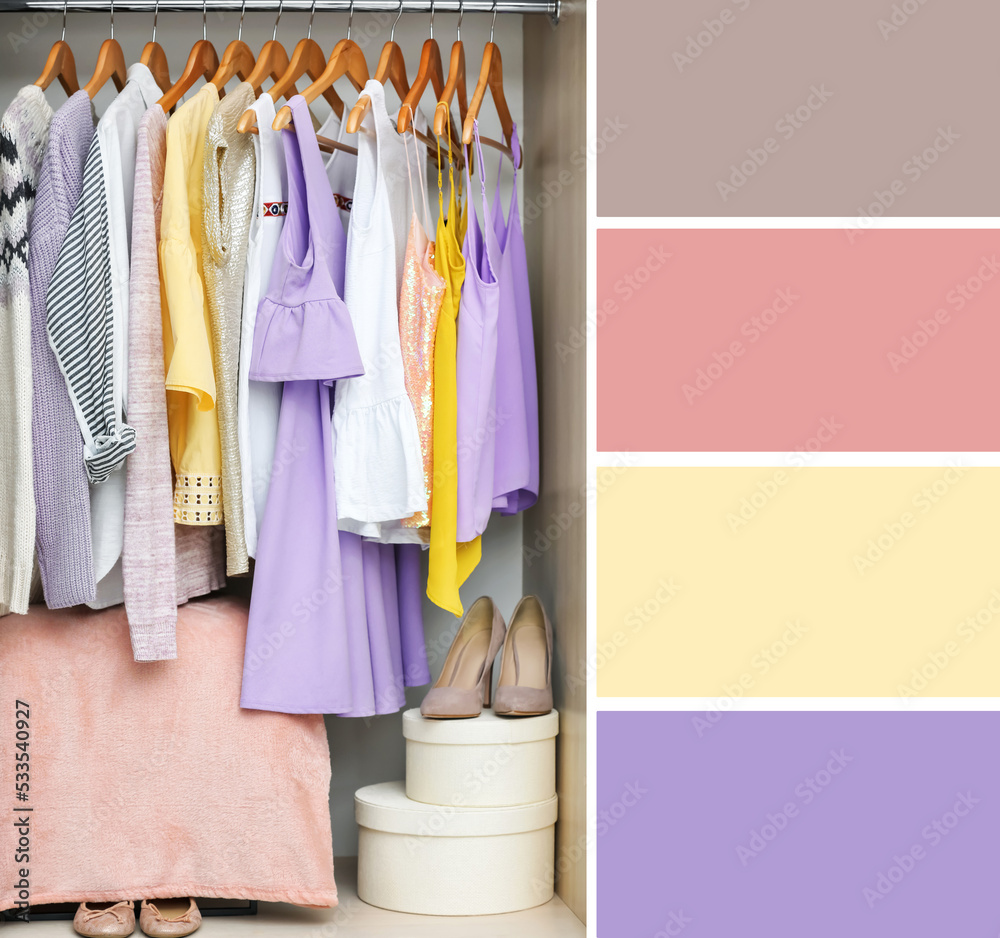 Fototapeta premium Color palette appropriate to photo of stylish women's clothes on rack in room