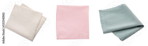 Set with different fabric napkins on white background. Banner design