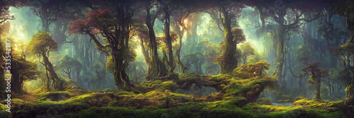 beautiful forest with giant trees  fantasy landscape background banner