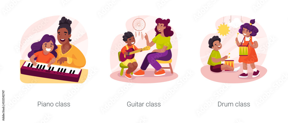 Gradeschool students music lessons isolated cartoon vector illustration set
