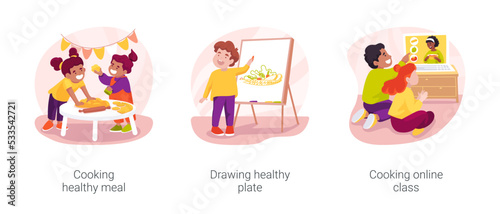 Gradeschoolers eating habits isolated cartoon vector illustration set