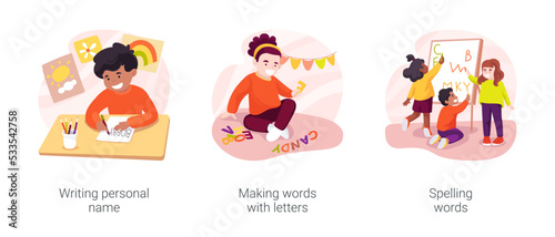 Preschool language lesson isolated cartoon vector illustration set