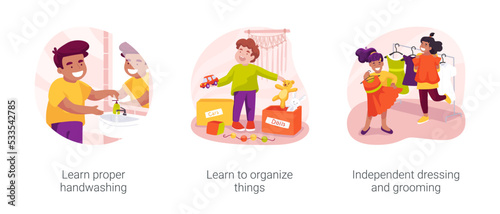 Self-care and personal hygiene skills for kids isolated cartoon vector illustration set