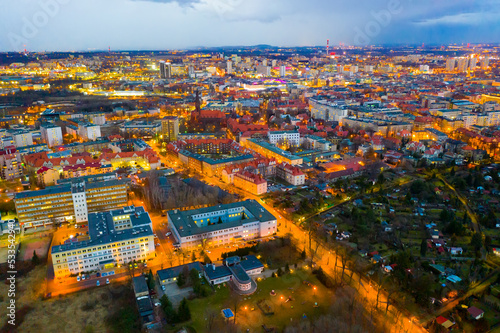 View from drone of Katowice cityscape at twilight in spring, Silesia Province, Poland..
