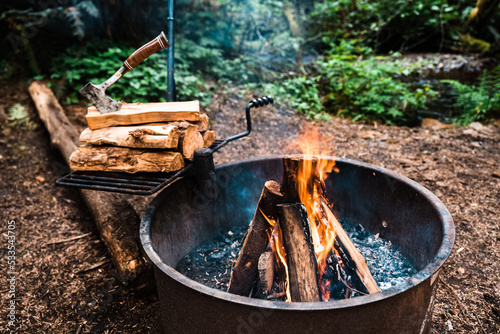 Forest campfire with wood stack and hatchet.