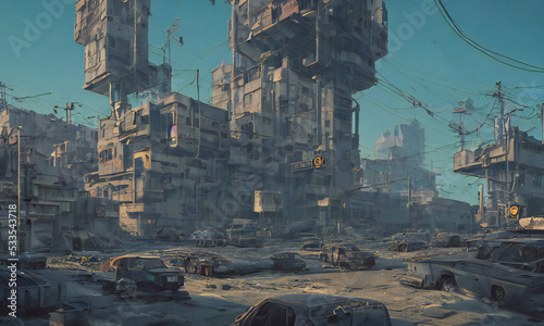 post-apocalyptic city, abandoned buildings and destroyed cars