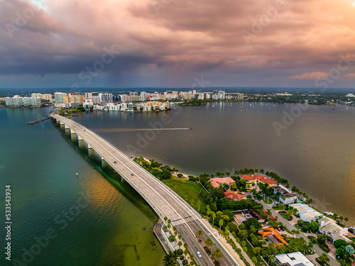 Drone shot over Ringling Bridge east to Sarasota skyline two days before Hurricane IAN is forecast to hit.