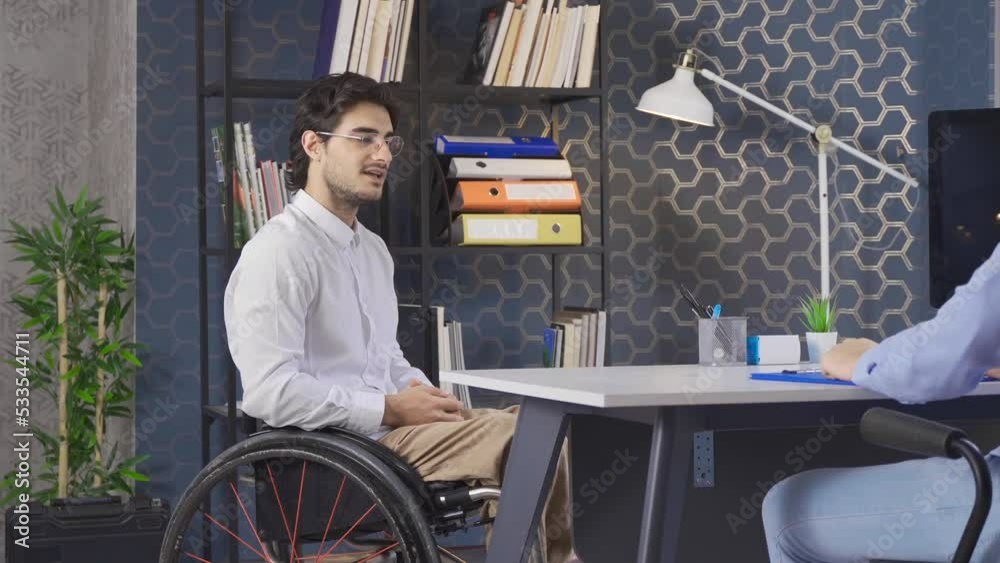 Job applicant disabled man.
Disabled businessman office worker wants to work in the office with teamwork.
Job applicant disabled man.
Disabled businessman office worker wants to work in the office with teamwork.