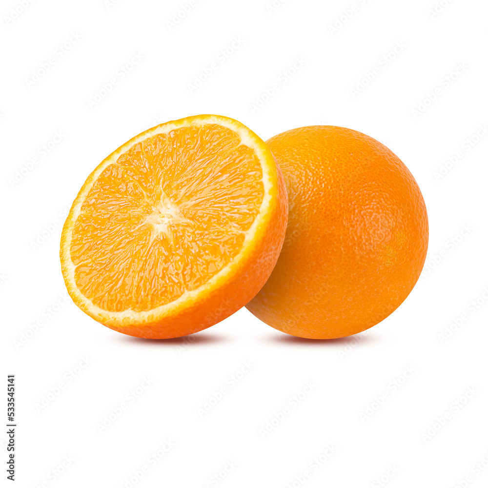 Fresh orange cut into 2 halves on a white background Fresh orange cut into 2 halves on a white background